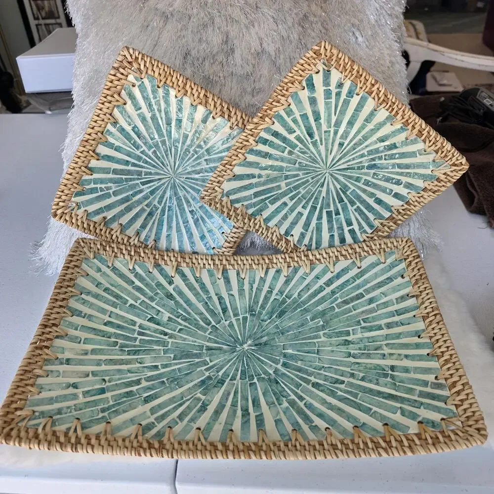 Rattan Serving Tray Set of 3 Mother of Pearl Mosaic Decorative Home Decor